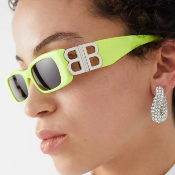 NEW Balenciaga BB0096S 008 Yellow Silver Logo Grey Rectangle Unisex Sunglasses - Picture 11 of 14